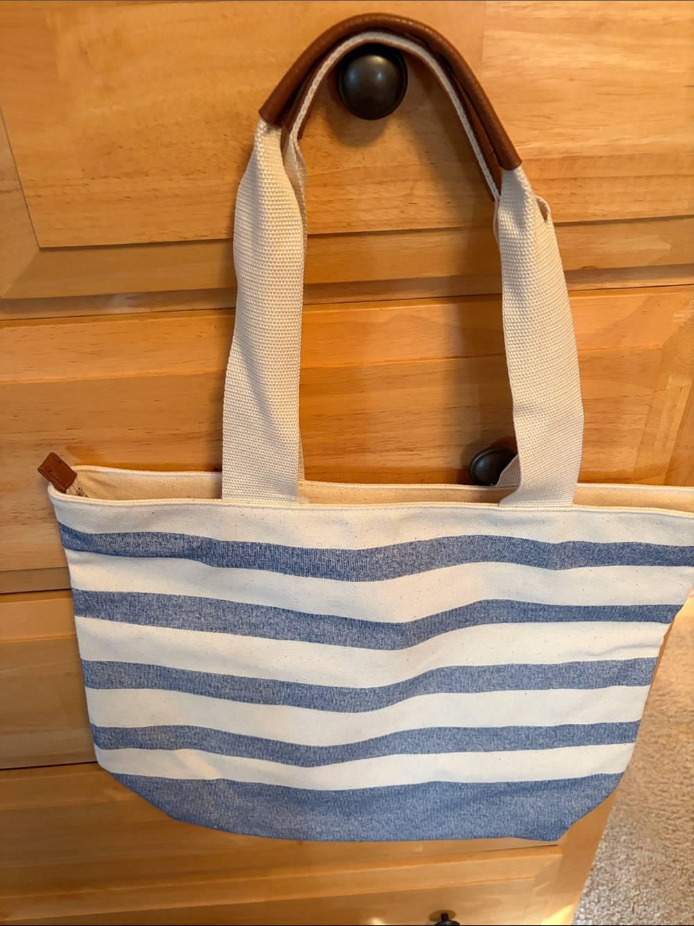 Bath & Body Works Blue and Cream Striped Canvas Tote